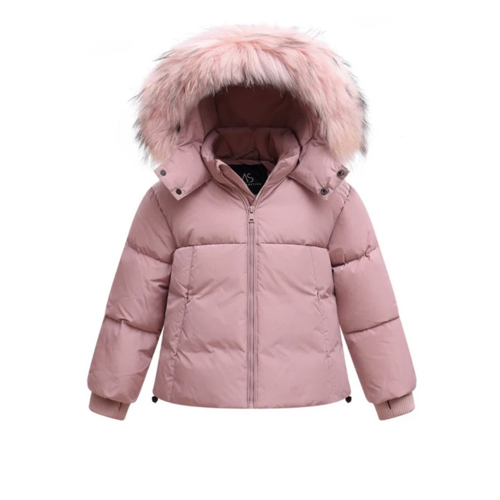 KIDS Pink Down Puffer Jacket with Raccoon Fur Trim Hood Size 2 NWT